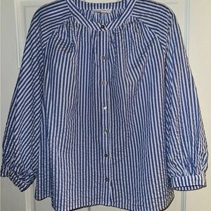 Pomander Place Blue and White Vertical Stripe Button-Front Blouse